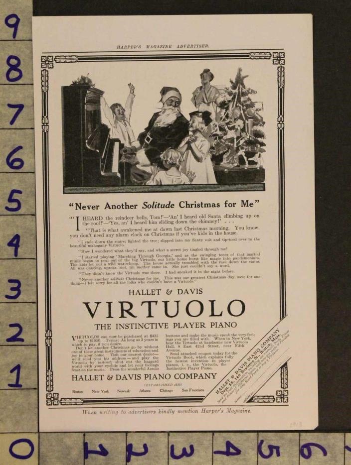 1913 MUSIC INSTRUMENT PIANO VIRTUOLO HOLIDAY CHRISTMAS SANTA HALLET AD ZV15