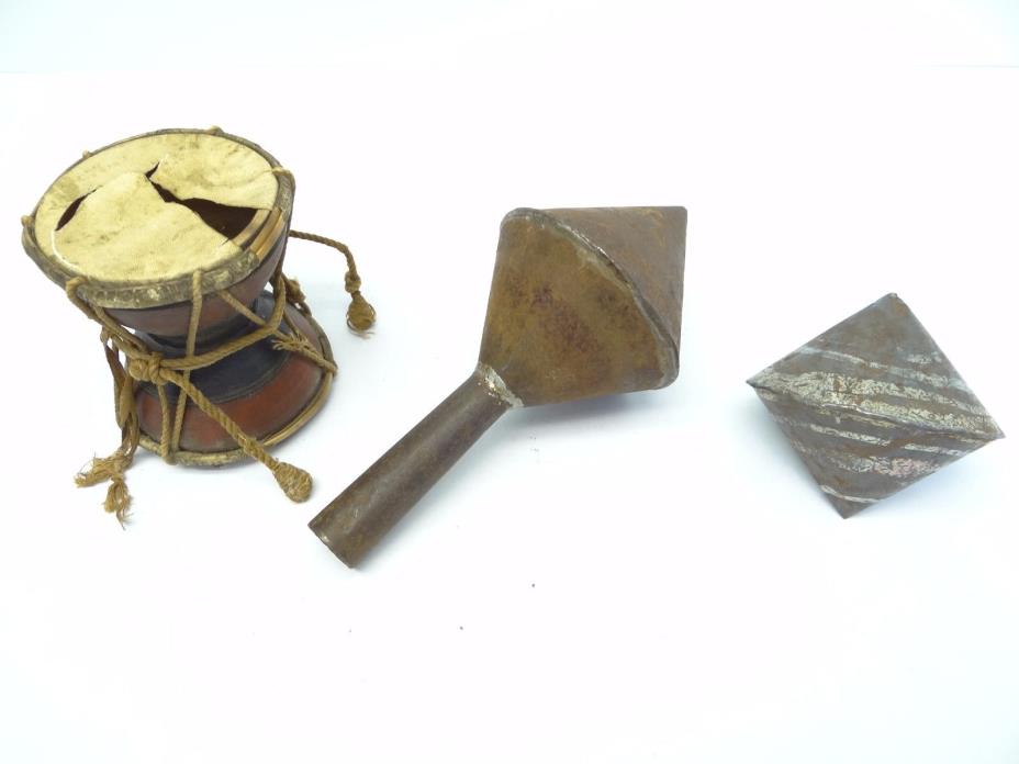 Mixed Antique Lot Percussion Metal Hand Crafted Rattles Broken Small Bongo Drum