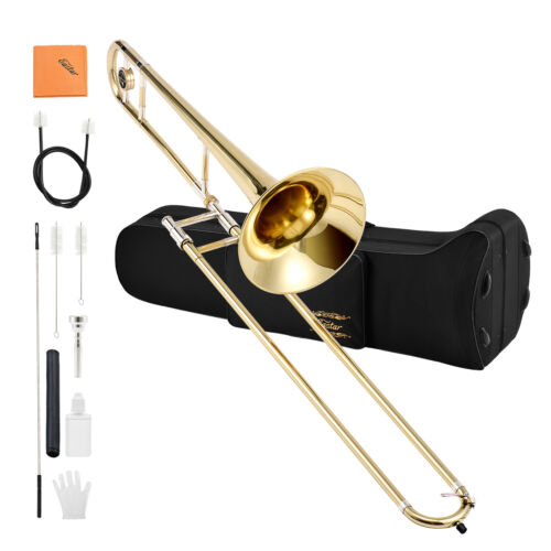 Beginner Bb Tenor Trombone Brass with Hard Case Mouthpiece Cleaning Care Kit