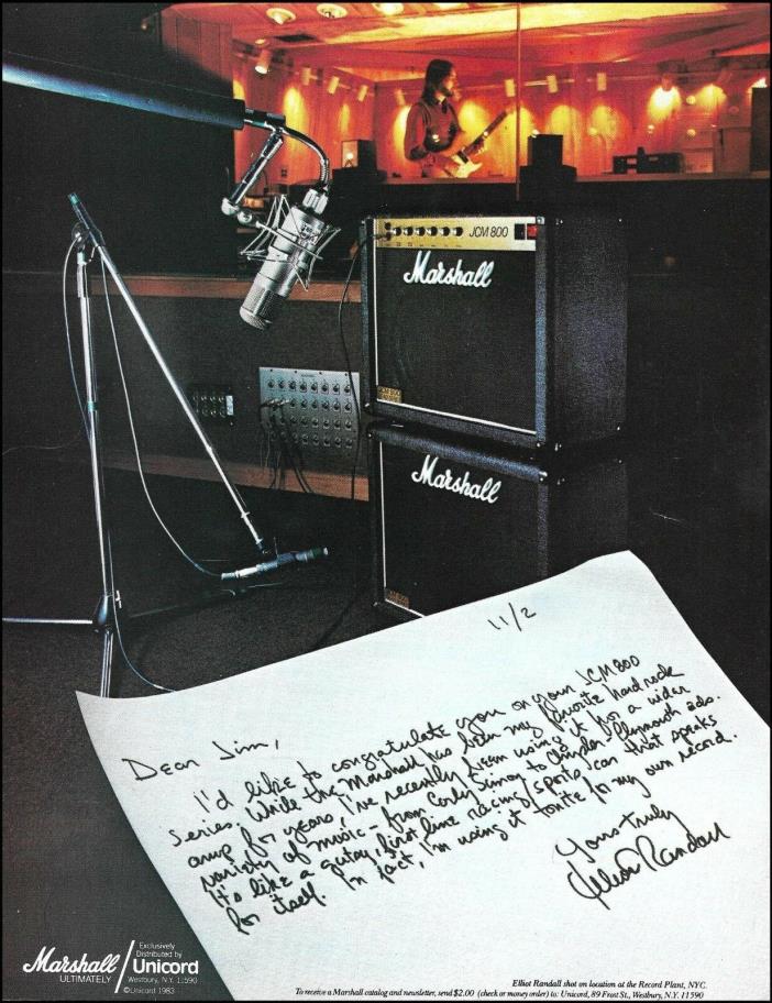 Jim Marshall JCM 800 guitar amp stack Elliot Randall thank-you note 8 x 11 ad