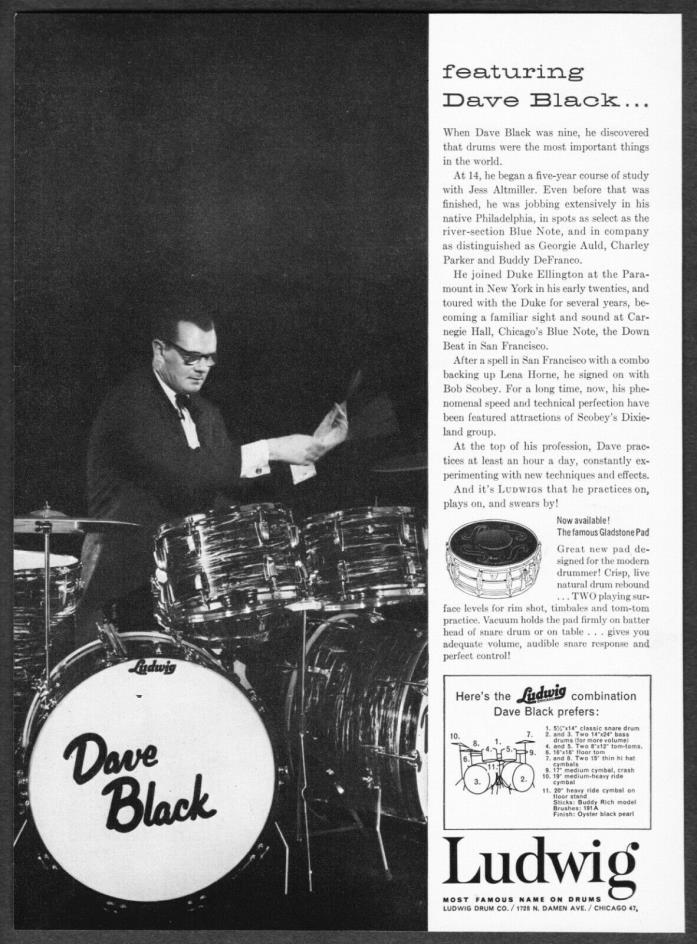 1971 Drummer Dave Black photo He Swears by Ludwig Drums vintage print ad