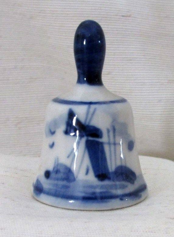 Blue Delft Style Bell, Miniature Hand Painted Porcelain, Windmill Scene Vintage