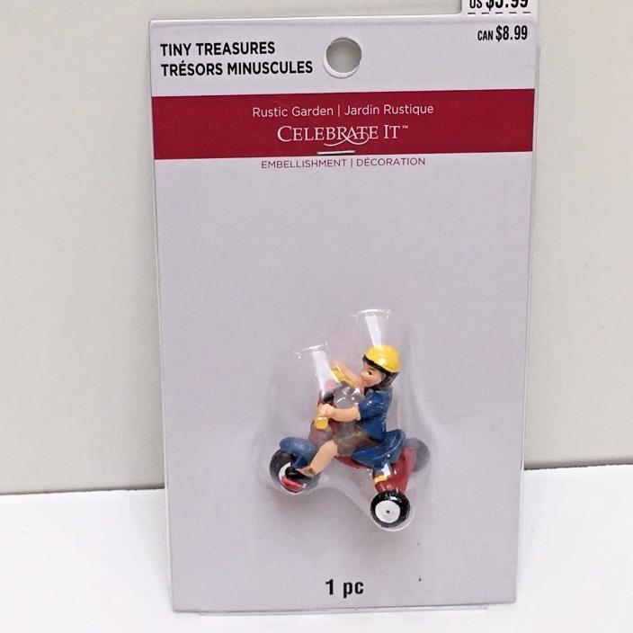 CHILD ON BIKE BLUE SHIRT, Tiny Treasures Village Miniatures Dollhouse Trains New