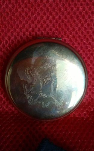 CREST ENGRAVED PURSE COMPACT/MIRROR GOLD TRIM HINGED MAGNIFY/REG. W POUCH VTG.