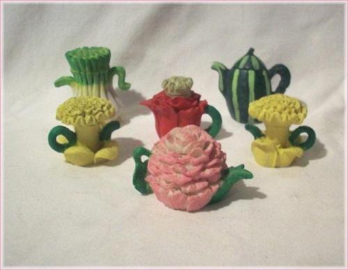 6 PC Collectible Flower & Vegetable Miniature Tea Pots - Onion Watermelon + more