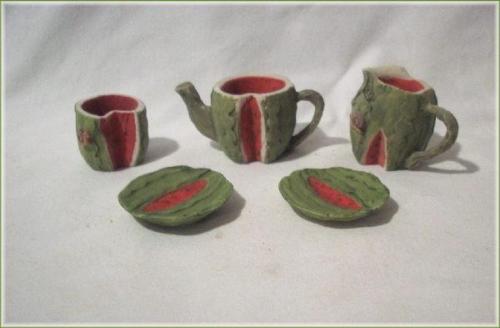 5 PC Watermelon Miniature Tea Set - (2 with Magnetic Backs) Painted resin