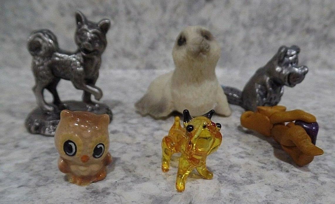 Lot 6 Miniature Figurines Pewter, Glass, Resin, Clay, Seal, Owl, Wolf, Beaver ++