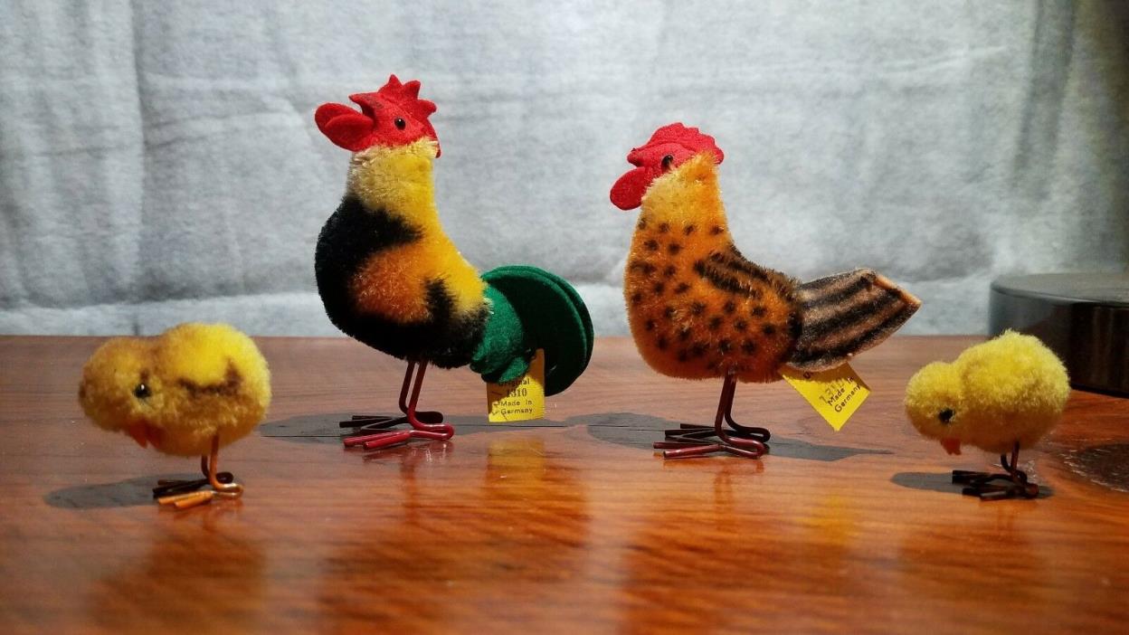 Chicken, Rooster, and 2 Chicks Vintage ~1950s Steiff 1310 Miniatures