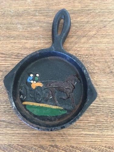 Vintage Miniature Cast Iron Frying Pan Amish and a  Horse Drawn Carriage