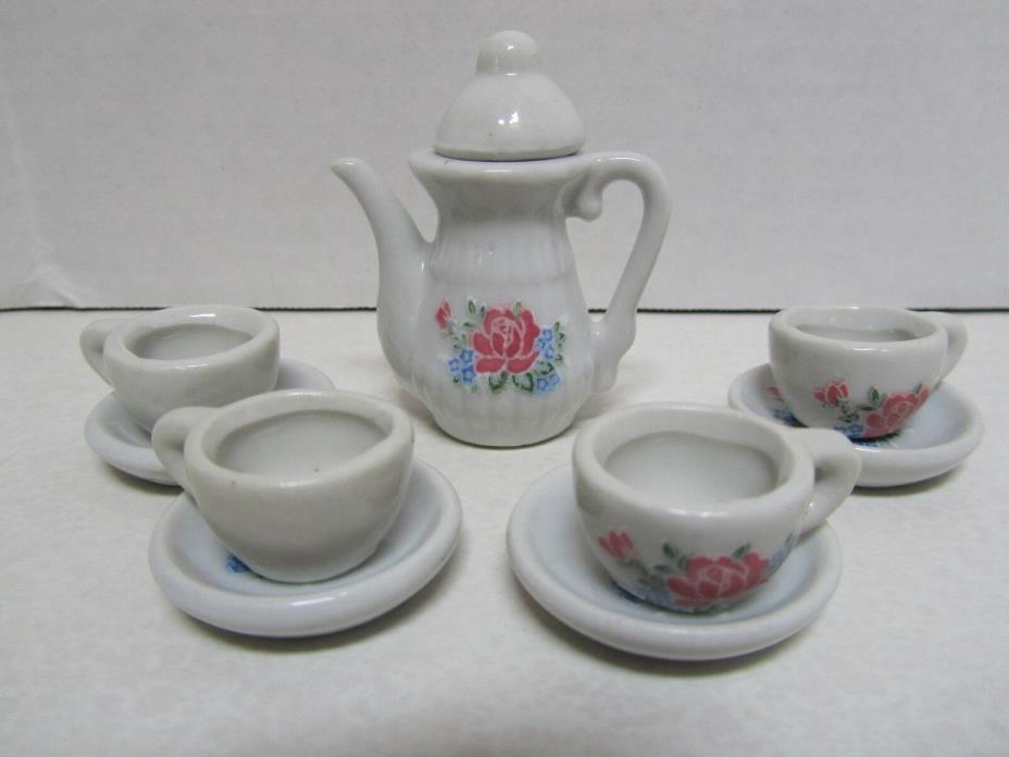 Vintage Miniature Child's COFFEE SET POT w LID 4 CUPS 4 SAUCERS Roses CHINA