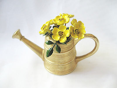 Vintage Tole Enamel Miniature Watering Can with Flowers