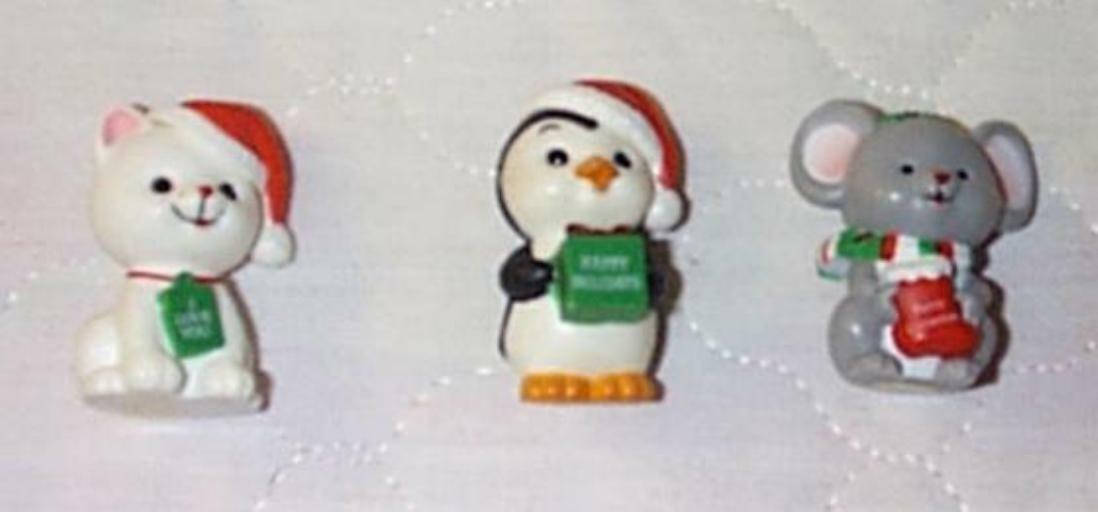 Russ Berrie Mouse, Penguin, Kitten/Cat Miniature Set 3 Christmas Figures w Tags