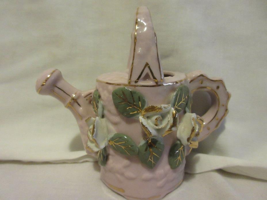Vtg Porcelain Pink Watering Can Pitcher W/Raised White & Gold Roses - 52 of 65