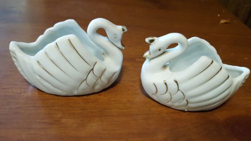 2 Minature White and gold Swan Figurines