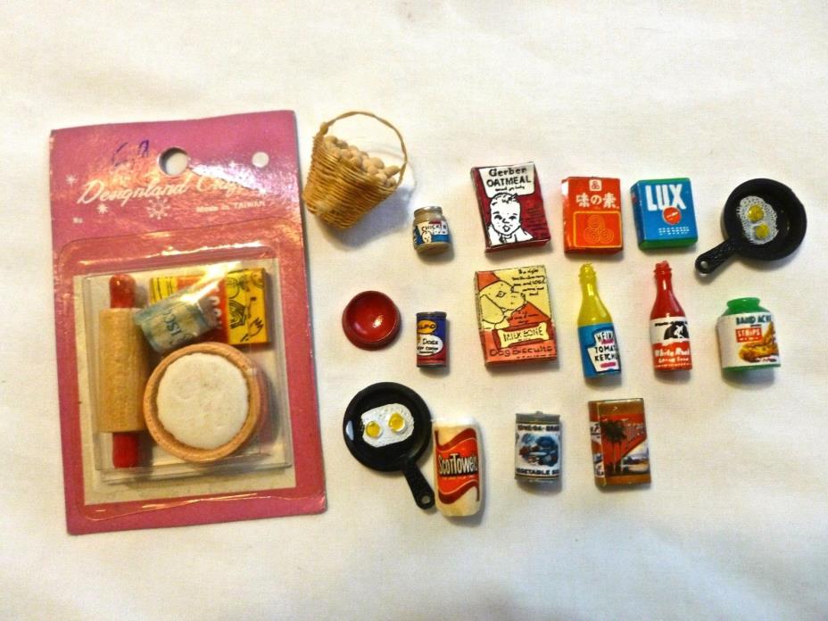 VINTAGE DOLLHOUSE FOOD MINIATURE CAN GOODS LOT DIORAMA BABY DOG KITCHEN LAUNDRY