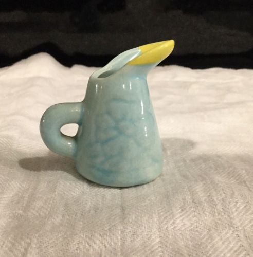 VTG MINIATURE PITCHER Ceramic Baby Blue & Yellow Watering Can Design with flower