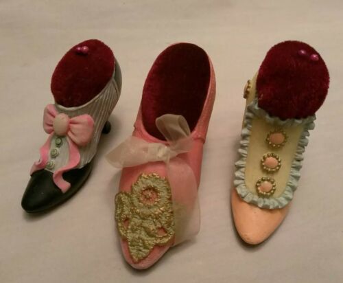 3- Miniature Collectible Resin Victorian Shoe Pin Cushions