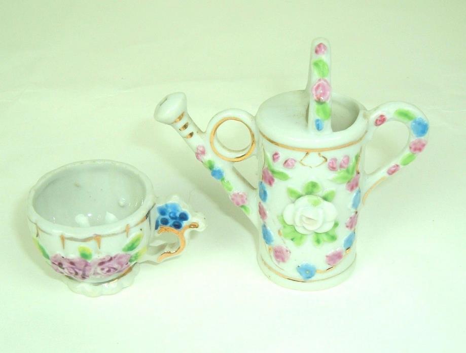 Vtg Miniature Watering Can and Tea cup Floral Gold Trim Japan shabby cottage