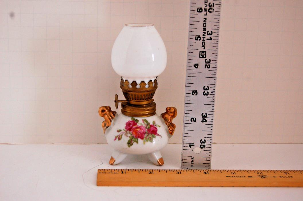 Mini Oil Lamp tri footed crown on wick adjuster,roses & gold handles unused wick