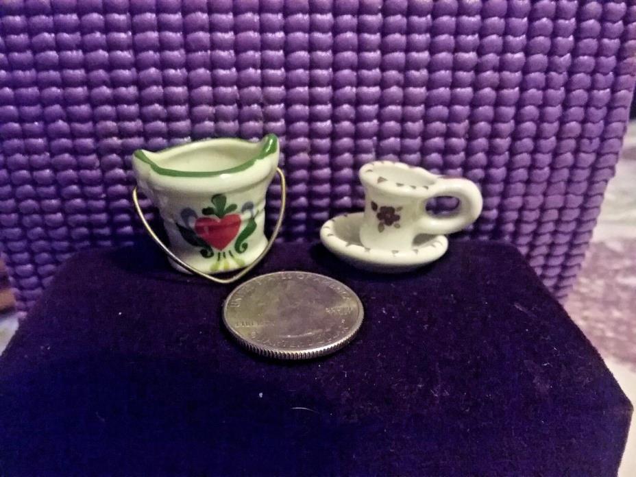 Miniature Porcelain Watering Pail & Teacup and Saucer Reutter Germany