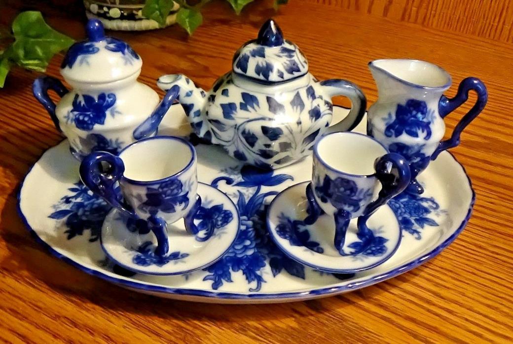 Mini Cobalt Blue and White Miniature Tea Set Floral Design