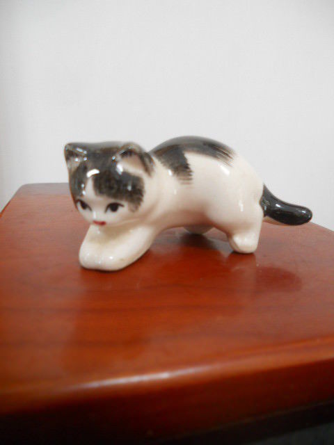 Vintage Miniature Porcelain White & Black Playful Kitten