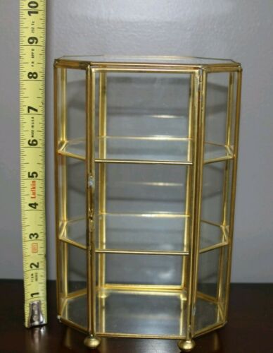 Vintage glass brass 3 tier miniatures display case curio cabinet octagon