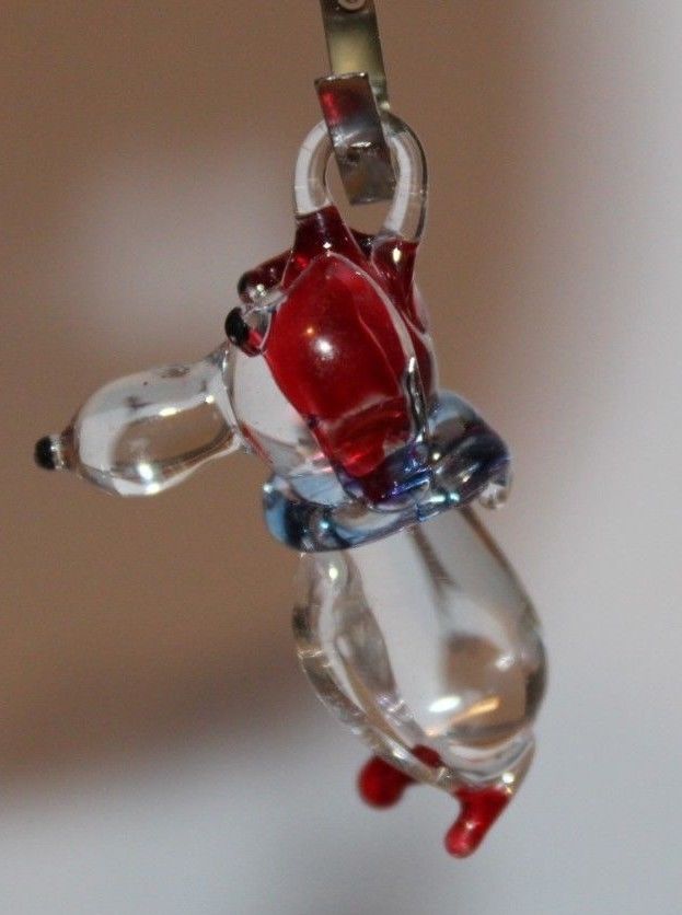 Miniature puppy dog Charm Hand blown glass Collectible ornament Red Ears blue