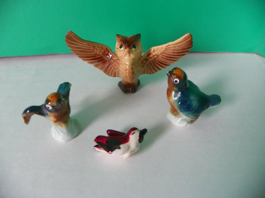 Miniature bone china owl + 3 other ceramic birds