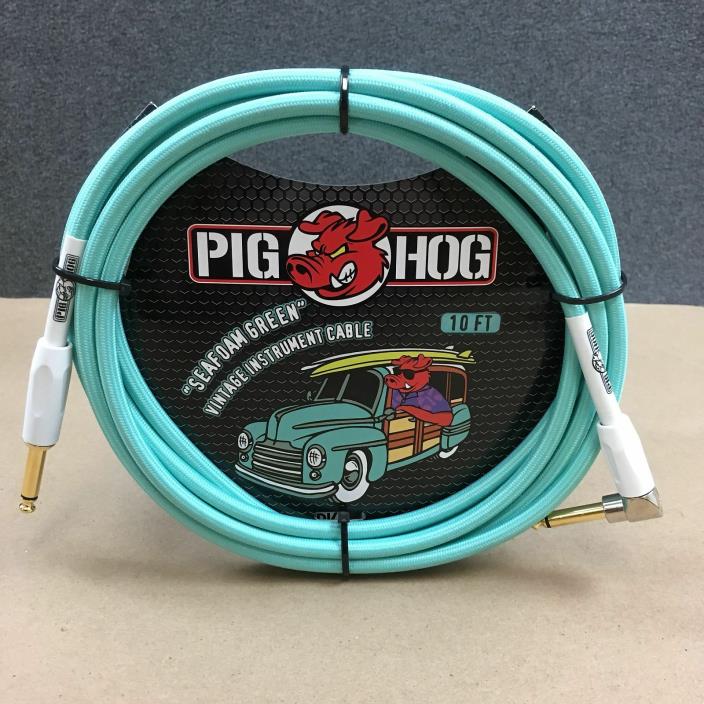 Pig Hog 10' Right Angle Vintage Woven Instrument Guitar Cable 10ft Seafoam Green