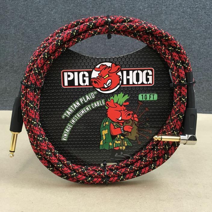 Pig Hog 10' Right Angle Vintage Woven Instrument Guitar Cable 10ft Tartan PLAID