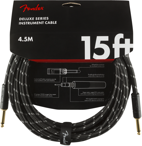 Fender Deluxe Instrument Guitar Cable, Straight/Straight, 15', Black Tweed