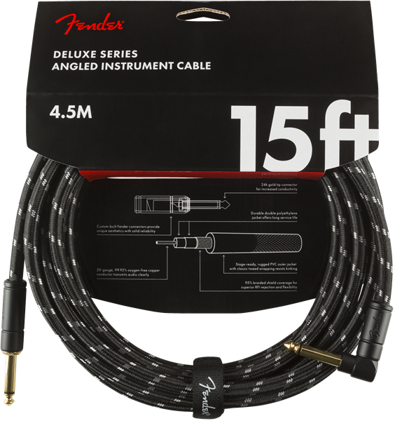 Fender Deluxe Instrument Guitar Cable, Straight/Angled, 15', Black Tweed