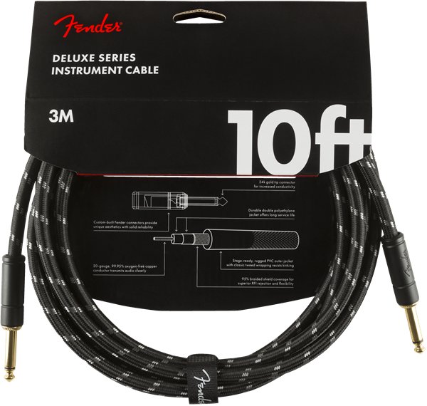 Fender Deluxe Instrument Guitar Cable, Straight/Straight, 10', Black Tweed