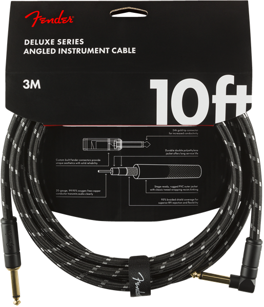 Fender Deluxe Instrument Guitar Cable, Straight/Angle, 10', Black Tweed