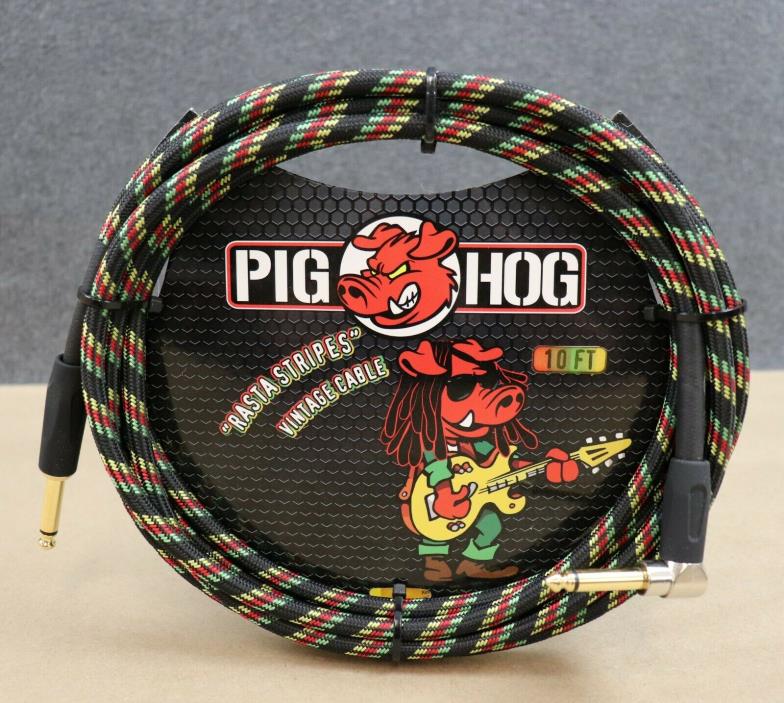 Pig Hog 10' Right Angle Vintage Woven Instrument Guitar Cable 10ft RASTA Stripes