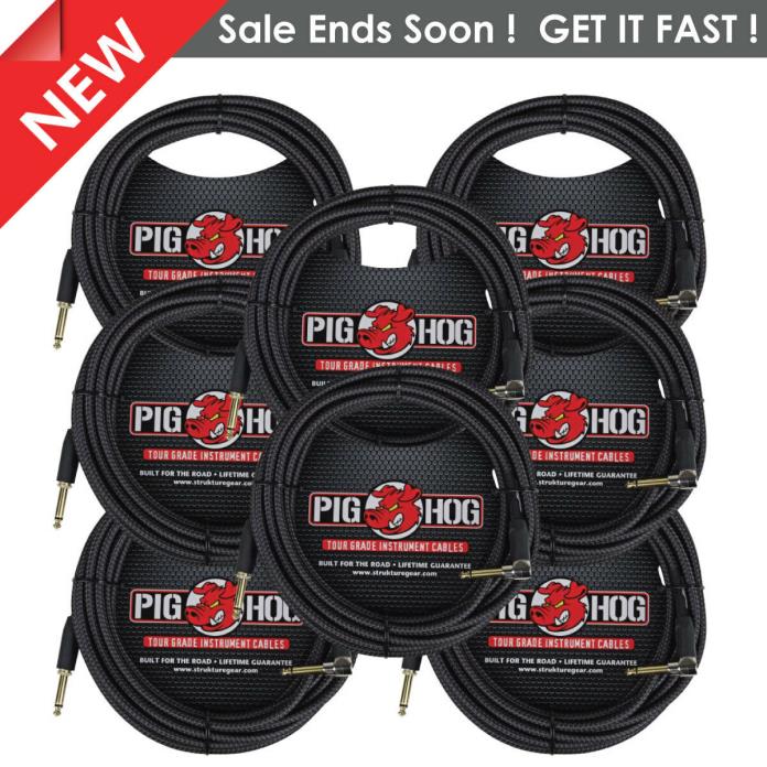 8 Pack Pig Hog PCH20BKR Black Woven ¼” TO ¼” Right Angle Instrument Cable, 20ft