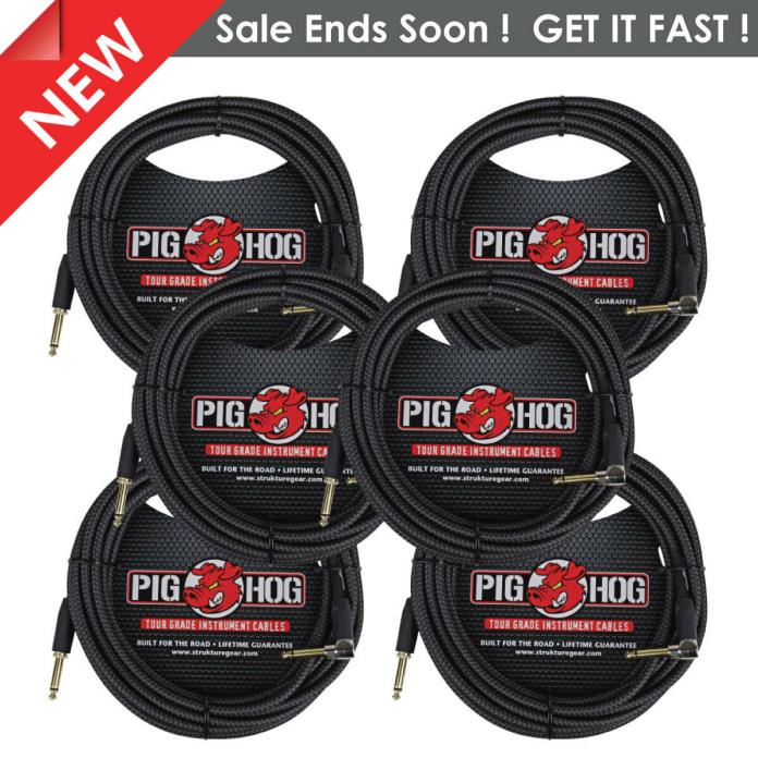 6 Pack Pig Hog PCH20BKR Black Woven ¼” TO ¼” Right Angle Instrument Cable, 20ft