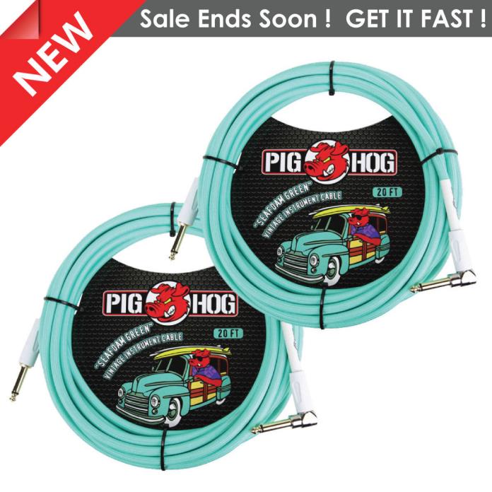 2 Pack Pig Hog 20' Right Angle Vintage Woven Instrument Guitar Cable 20ft - NEW