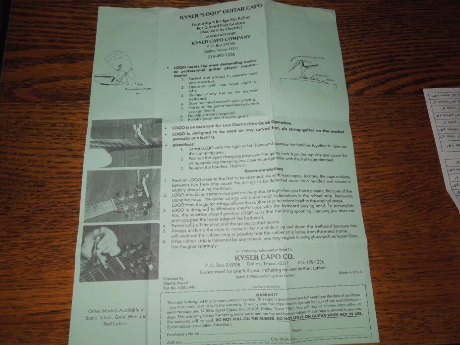 1979 Kyser Capo LOQO Instruction sheet + Major/Minor Chord Conversion Chart