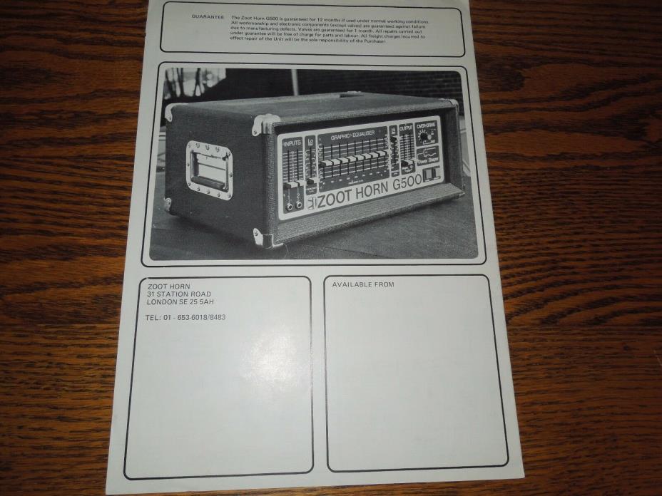 Vintage 1970s Zoot Horn G500 Original Promo Flyer pre Color Mint Condition