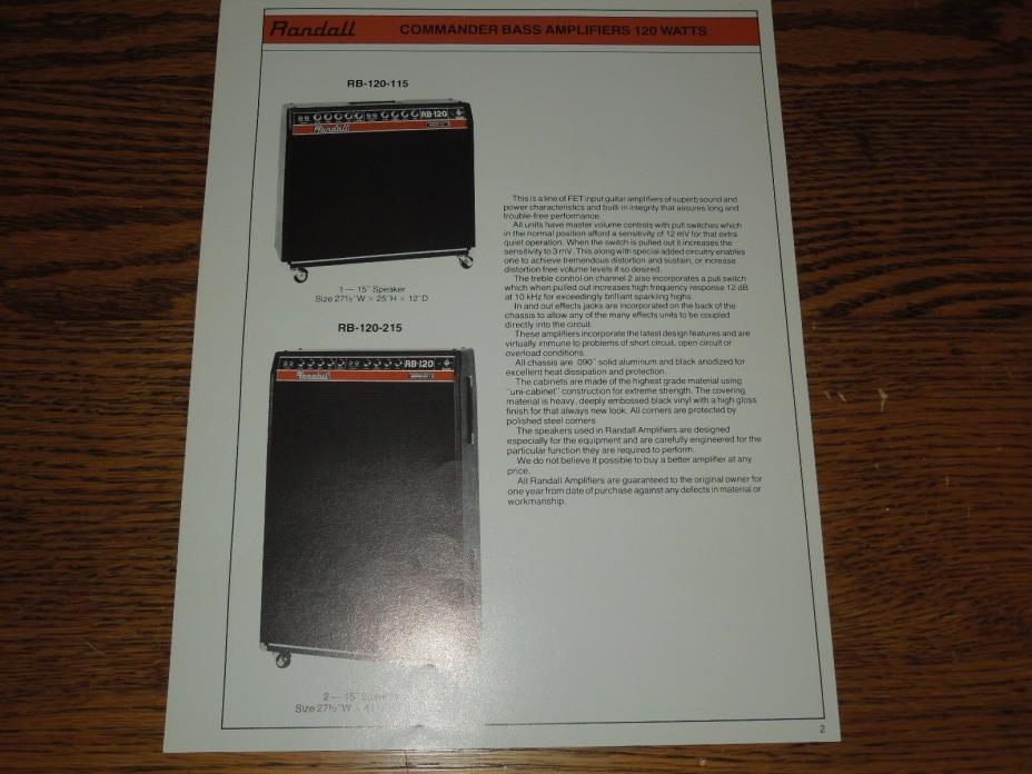 Vintage 1978 Randall Commander Bass Amps Promo Sheet 2-Sided RB-120-215