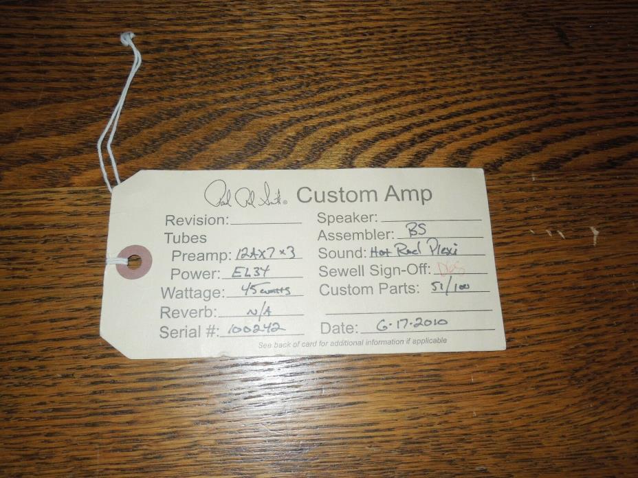 2010 Paul Reed Smith Custom Amp Factory Swing Tag SN 100242 Hot Rod Plexi 51/100
