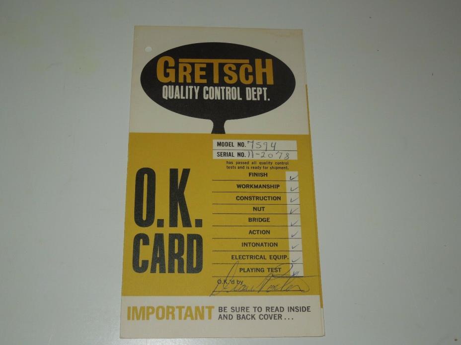 1972 Gretsch O.K.Card for a Gretsch 7594 White Falcon Double Cutaway