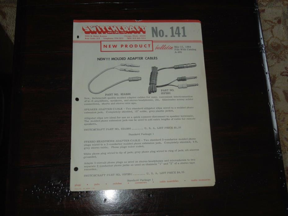 1964 Switchcraft New Product Bulletin No.141 & 143 May 15th 1964 Cables/Adapters