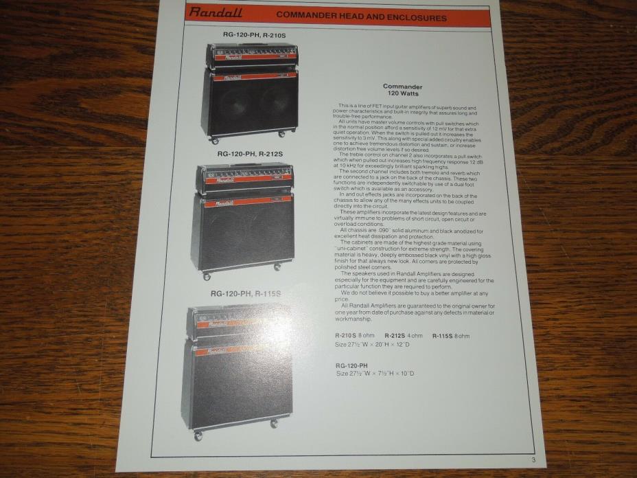 1978 Randall Commander Head & Cabinets Promo Sheet 2-Sided RG-120-PH, R-610S Etc