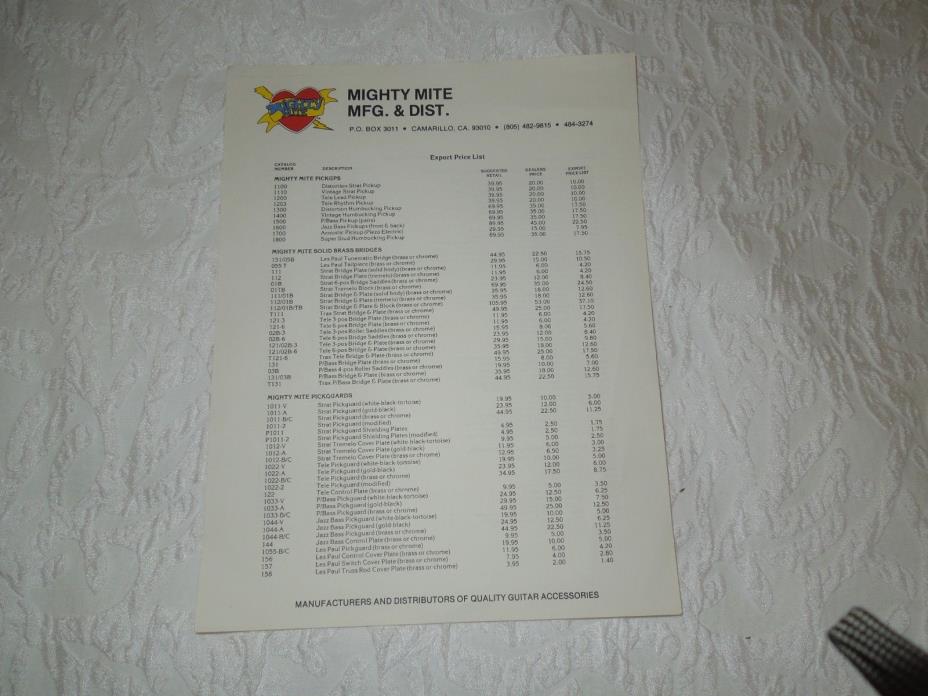 1982 Mighty Mite Guitar and Bass Body & Parts Confidential Export Price List