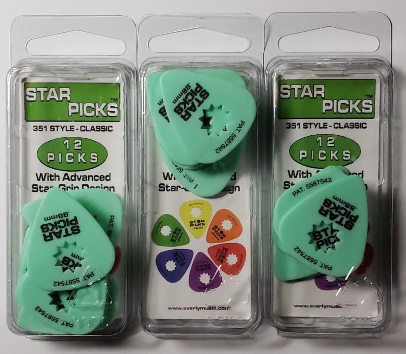 Everly Star Guitar Picks 3 -12 Packs .88mm Mint Green med/hvy 30024 Free Ship