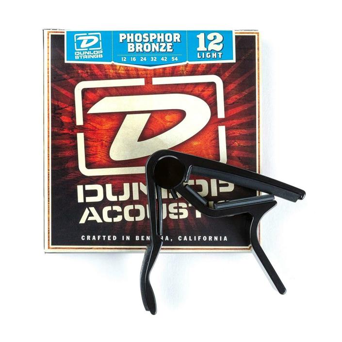 Dunlop 83CBA12 Acoustic Trigger Capo & Phosphor Bronze Strings Combo Pack