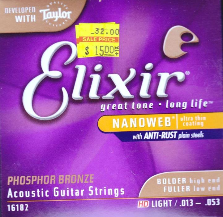 Elixir 16182 Phosphor Bronze NANOWEB HD Light Acoustic Guitar Strings 13-53